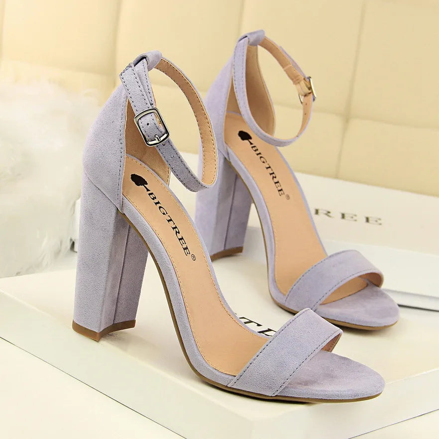 Summer Women 9.5cm High Heels Sandals Yellow Nude Purple Gladiator Square Block Heels Pumps Chunky Platform Bridal Grace 0509-1