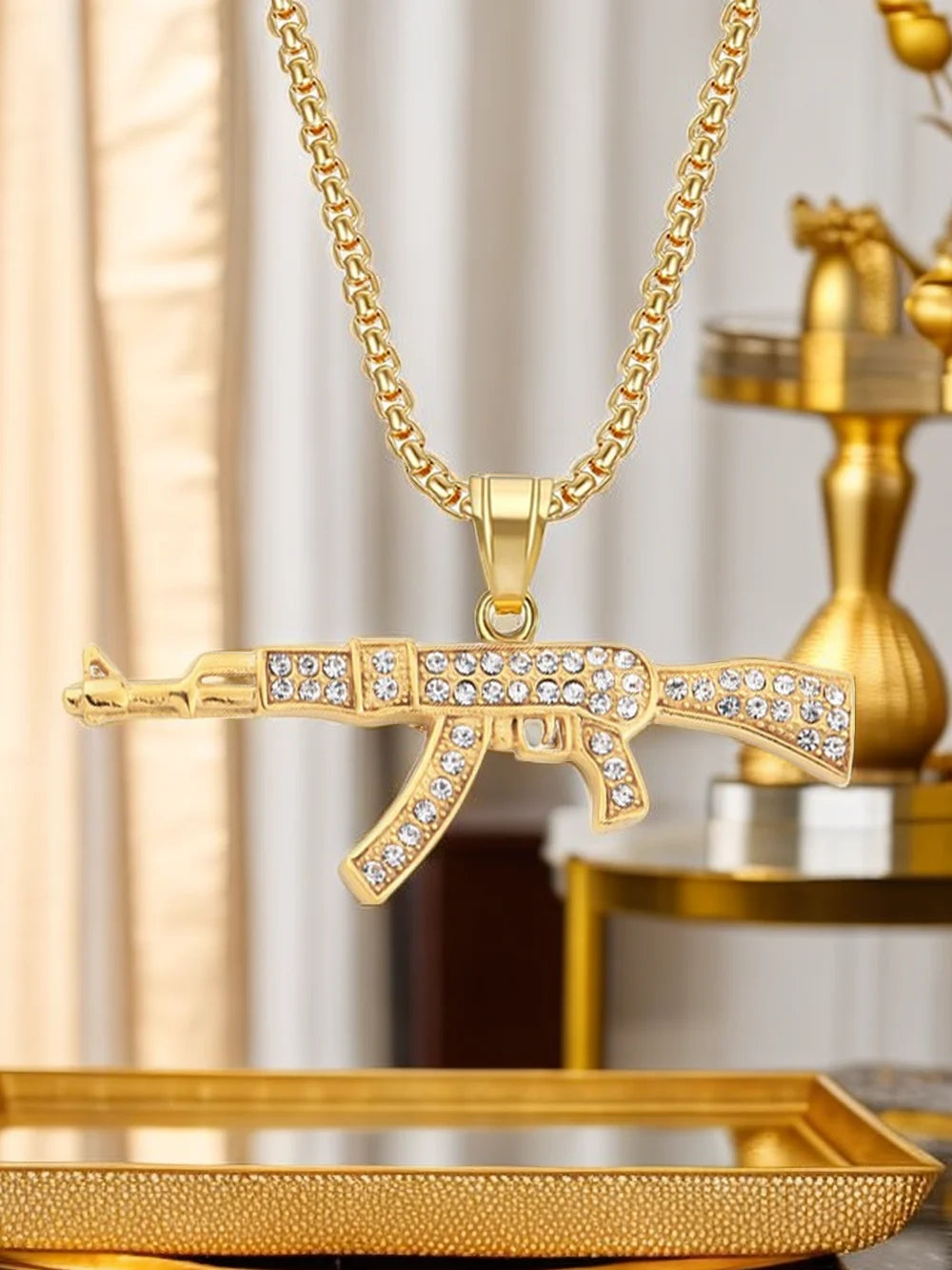 Hip Hop Iced Out Bling AK47 Gun Pendant With Chain Gold Color Stainless Steel Military Necklace For Men Women Jewelry Gift