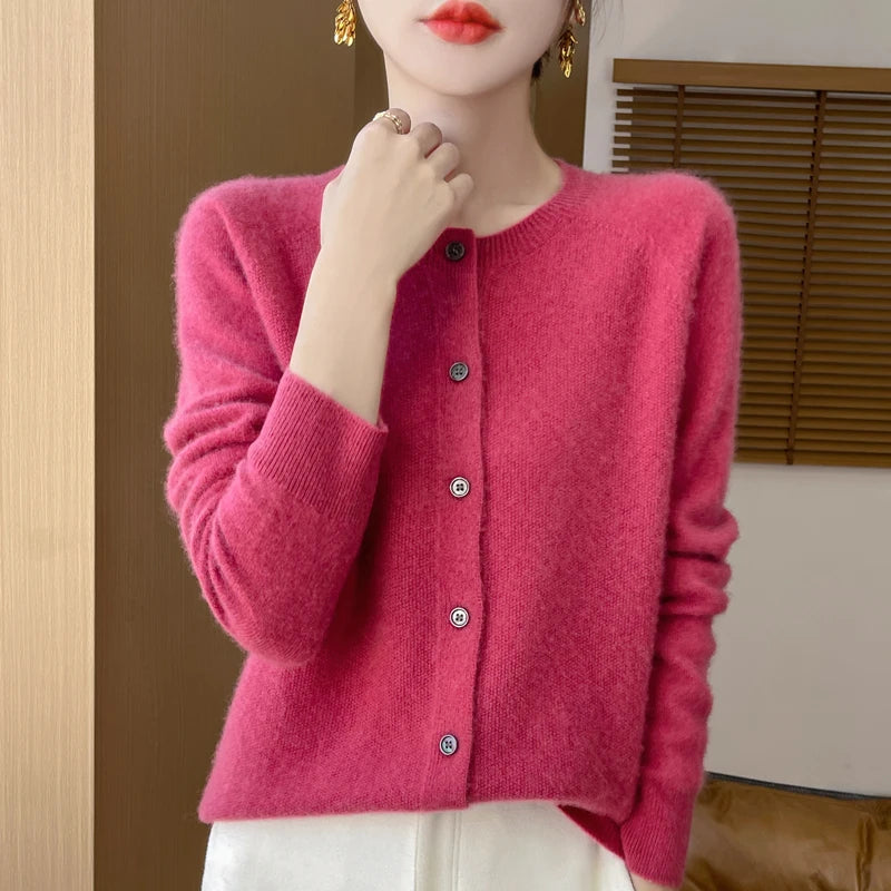 100% Merino Wool Long Sleeve Sweaters Cashmere Cardigan Spring Autumn Women O-Neck Knitwear Tops Clothing Fashion Basic Tops