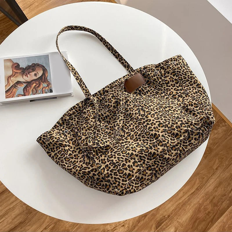 Women Shoulder Bags Canvas Totes Vintage Leopard Large Capacity Elegant Ladies Daily Leisure Handbags Designer Shopping Pouch