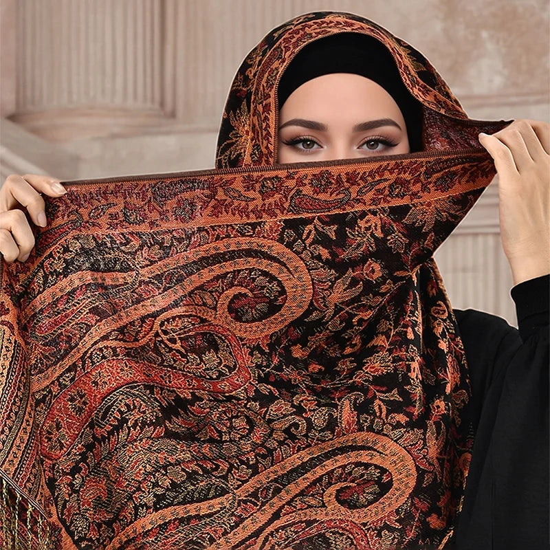 Muslim Paisley Hijab Pashmina Scarf Winter Shawl Kashmiri Women Jacquard Cashew Printed Scarves Luxury Floral Tassels Shawl