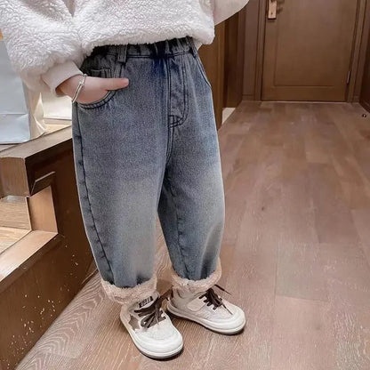 Kuromi Anime Sanrio Ins Children Fleece Thick Jeans Pants Cute Cartoon Kawaii Warm Casual Trousers Clothing Gifts for Kids