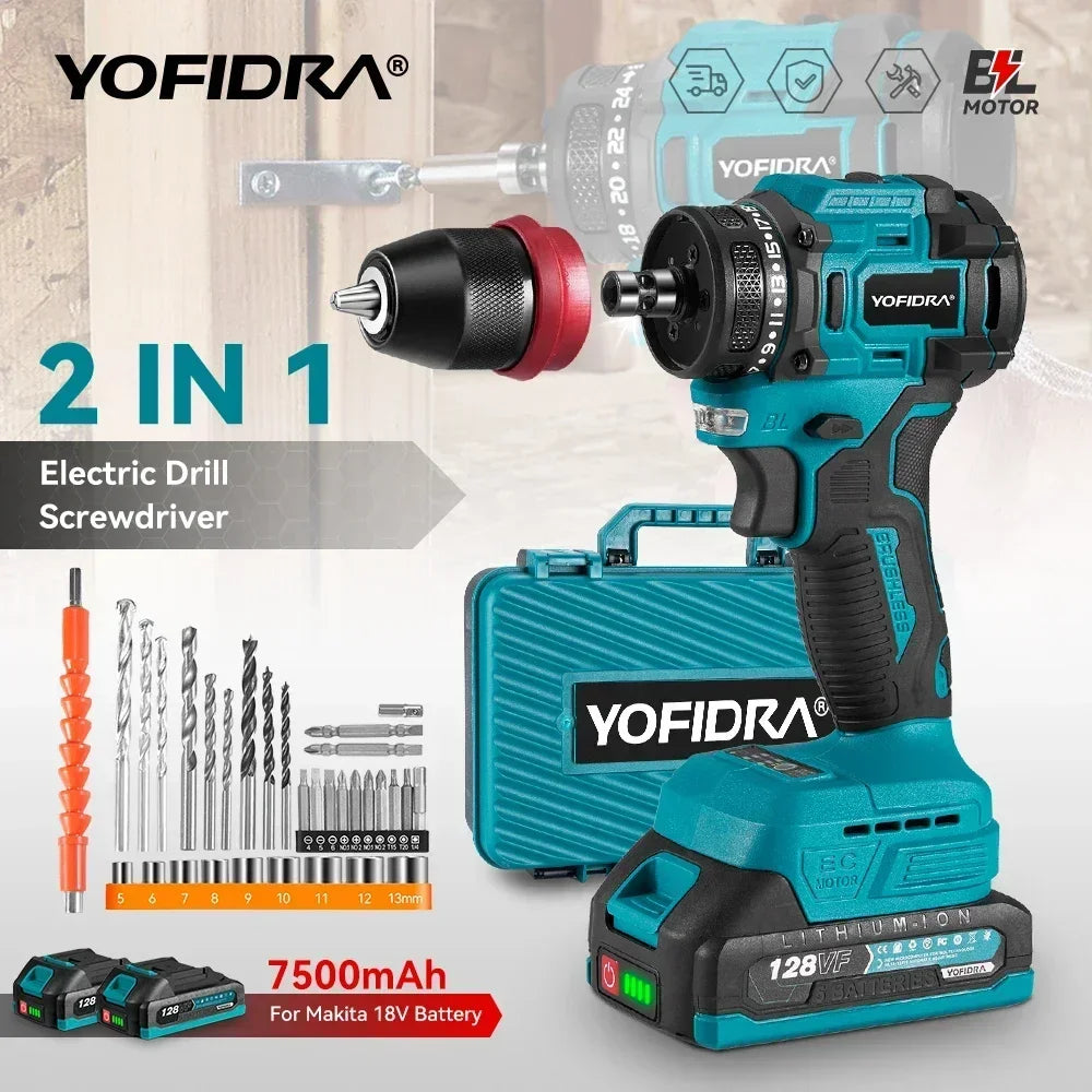 YOFIDRA 2 in1 Brushless Electric Screwdriver Hammer Cordless Drill Impact Multifunctional Power Tool  For Makita 18V Battery