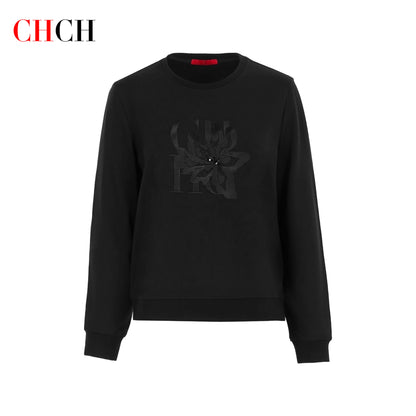 CHCH Women's Hoodie New Black Round Neck Embroidered Women's Top