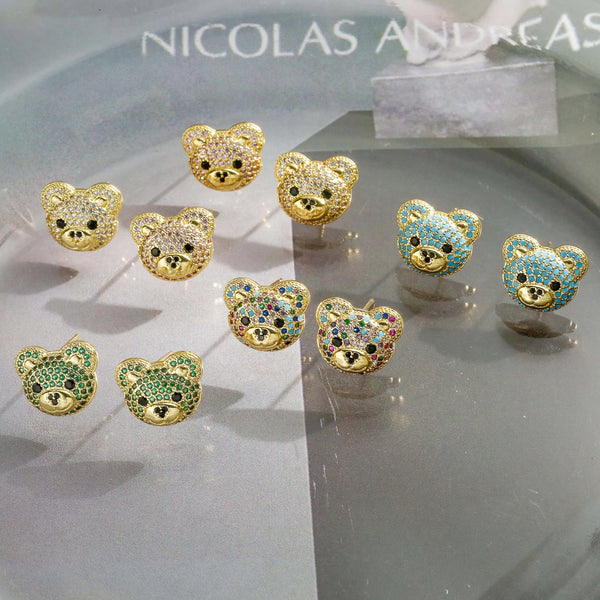 HECHENG,Cute Gold Plated Colorful CZ Bear Earrings Multi Color Bear Ear Stud Fashion Zircon Animal Stud Earring