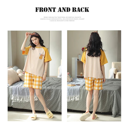 MIIOW Cotton Sleepwear Woman 2 Pieces Set Cute Cartoon Print Women's Pajamas Home Comfort Short Sleeve and Shorts Night Wears