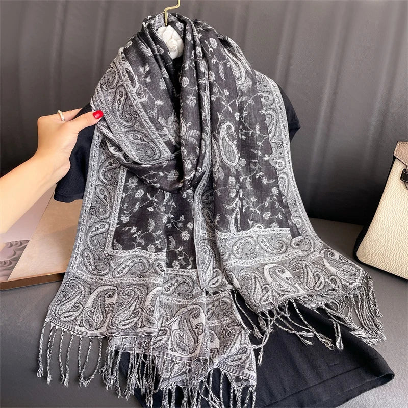 Autumn Stylish Jacquard Tassel Scarf Vintage Mature Paisley Print Shawl Going Out Warm Windproof Blanket Scarf