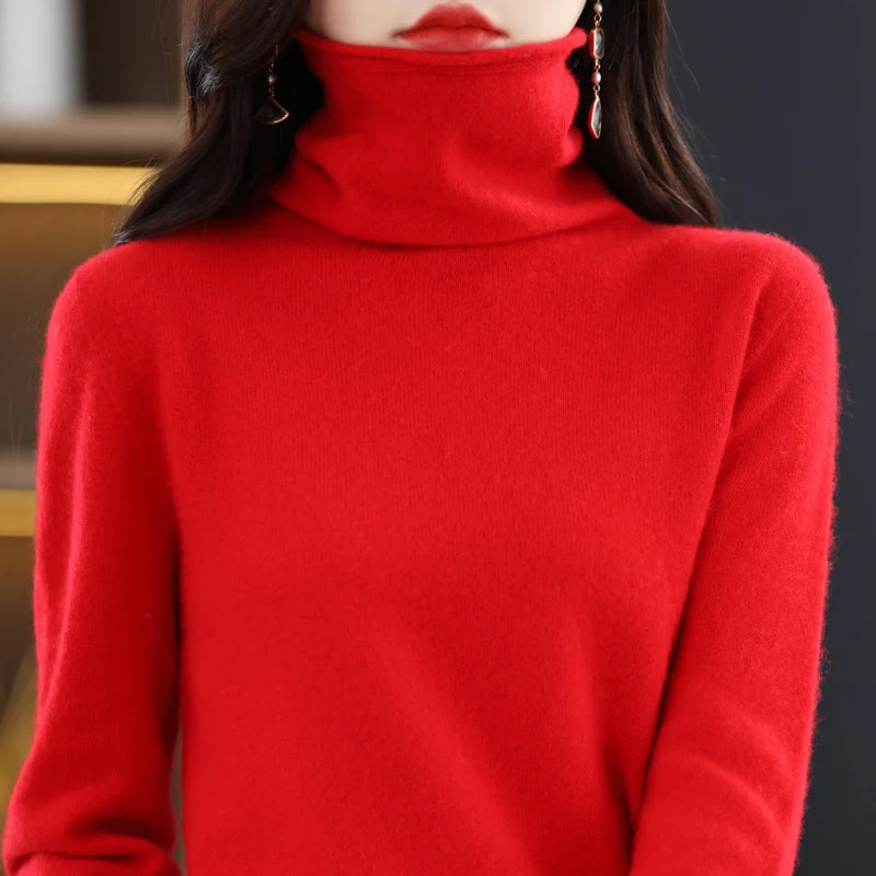 100% Merino Wool Turtleneck Pullover Knitwear Women's New Autumn And Winter Warm Sweater Women's Solid Color Pile Neck Sweater