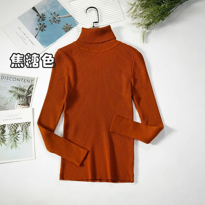 2025 Simple Women Turtleneck Sweater Winter Fashion Pullover Elastic Knit Ladies Jumper Casual Solid Black Female Basic Tops