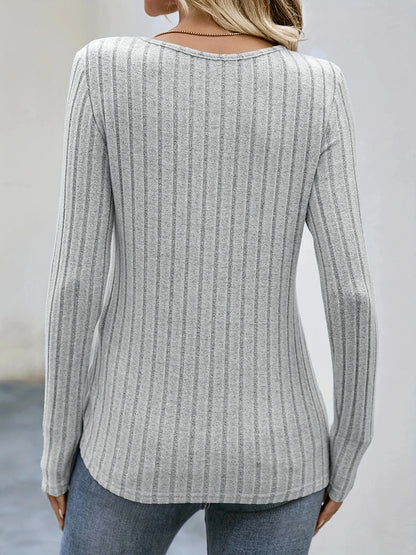 Square Neck Solid Ribbed Button DecorT-Shirt, Casual Long Sleeve Top For Spring & Fall, Women's Clothing