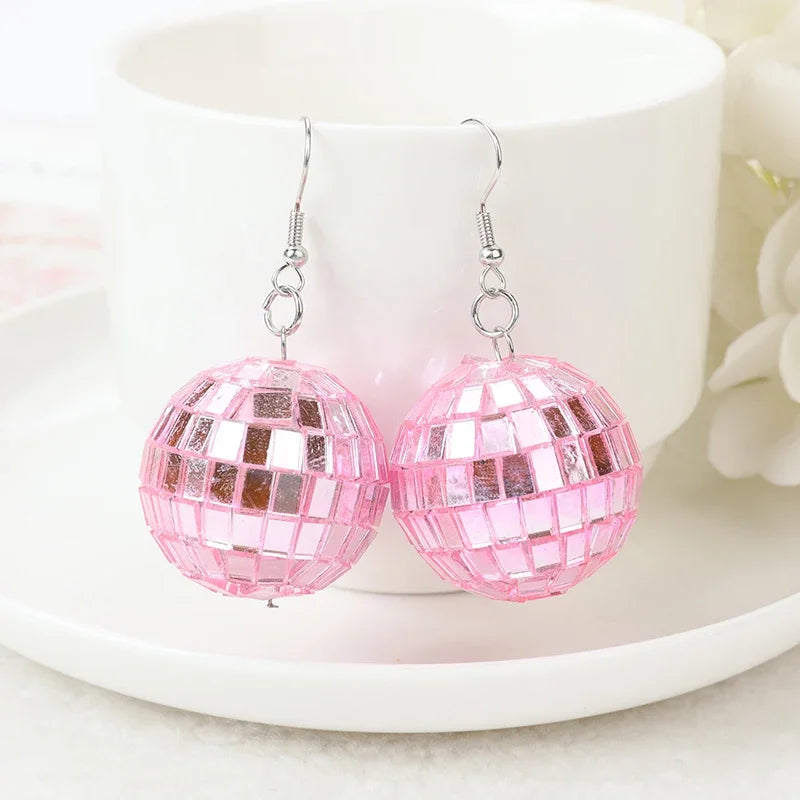 1Pair Fishon Dangle Earrings 3D Light Reflective Rotating Disco Ball For Women Birthday Part Gift