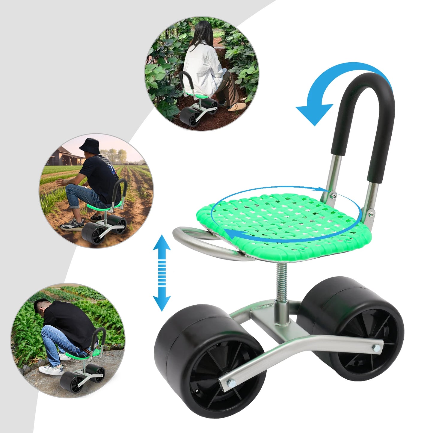 Garden Rolling Stool Workseat with 2 Wheels Stable Sturdy Cart Adjustable Seat Height and Direction for Gardening Floor Standing