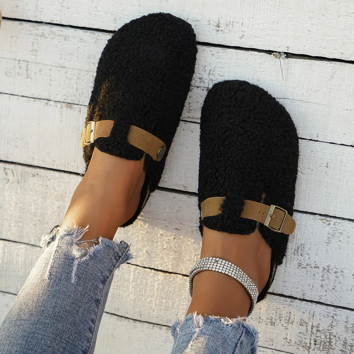 Women Slippers Mules Fur Women Shoes Winter New Buckle Flats Platform Walking Plush Ladies Slides Casual Warm Indoor Boots Women