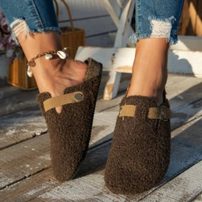 Women Slippers Mules Fur Women Shoes Winter New Buckle Flats Platform Walking Plush Ladies Slides Casual Warm Indoor Boots Women