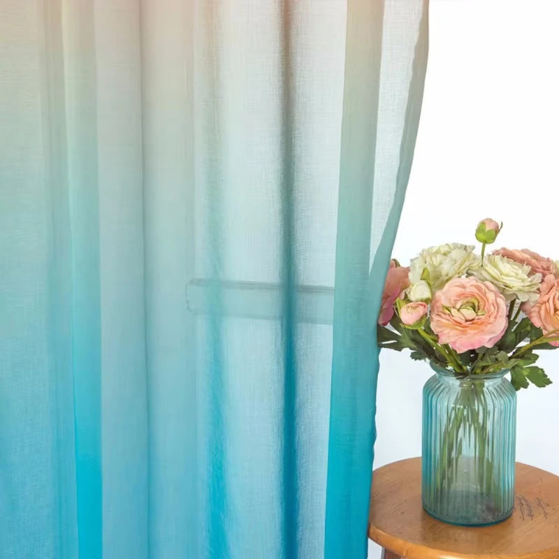 2 Panel Gradient Color Sheer Voile Curtains Pastoral Rustic Window Screen Drape Panel Tulle Curtains Translucent Gauze Curtains