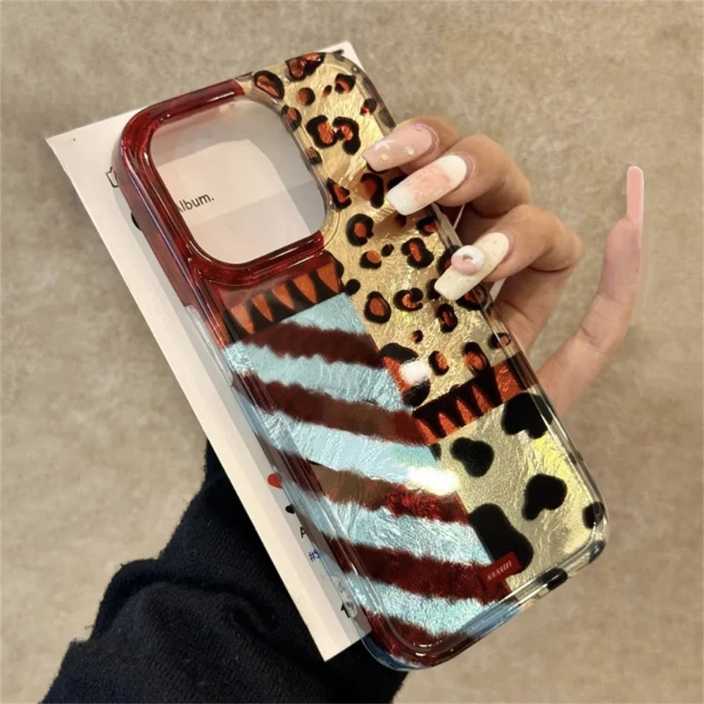 Luxury Laser Y2K Leopard Print Pattern Phone Case for Samsung Galaxy S25 S24 S23 Ultra Plus 5G S21 FE Feather Texture Hard Cover