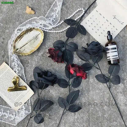 1Pcs Gothic Black Artificial Silk Rose Bouquet Halloween Branch Home Simulation Rose Fake Flower DIY Wedding Party Decor