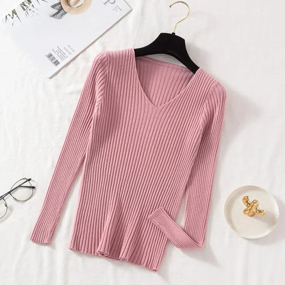 Autumn Winter Women Sweaters Casual Long Sleeve Knitted V Neck Pullover Sweater Femme Basic Solid Jersey Tops Fashion Clothes