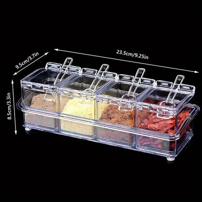 Four in one PET high transparency plastic seasoning box set for kitchen and household use with spoon seasoning bottle