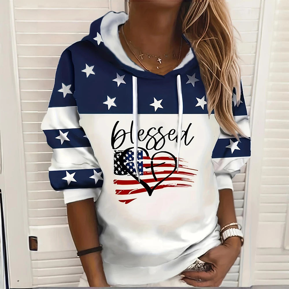 United States Flag Pattern Women's Hoodie Fashion Trend Designer Pullover Hoodies Fall New Women's Sweatshirts Y2K Clothes Tops