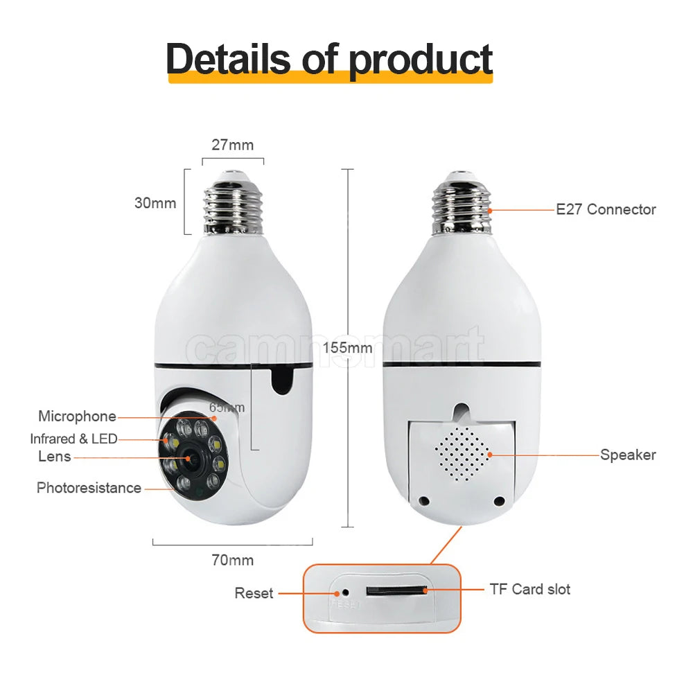 5MP Tuya Ycc365 E27 Bulb Surveillance Camera Wifi Night Vision Full Color Auto Human Track 4x Zoom Video Indoor Security Monitor