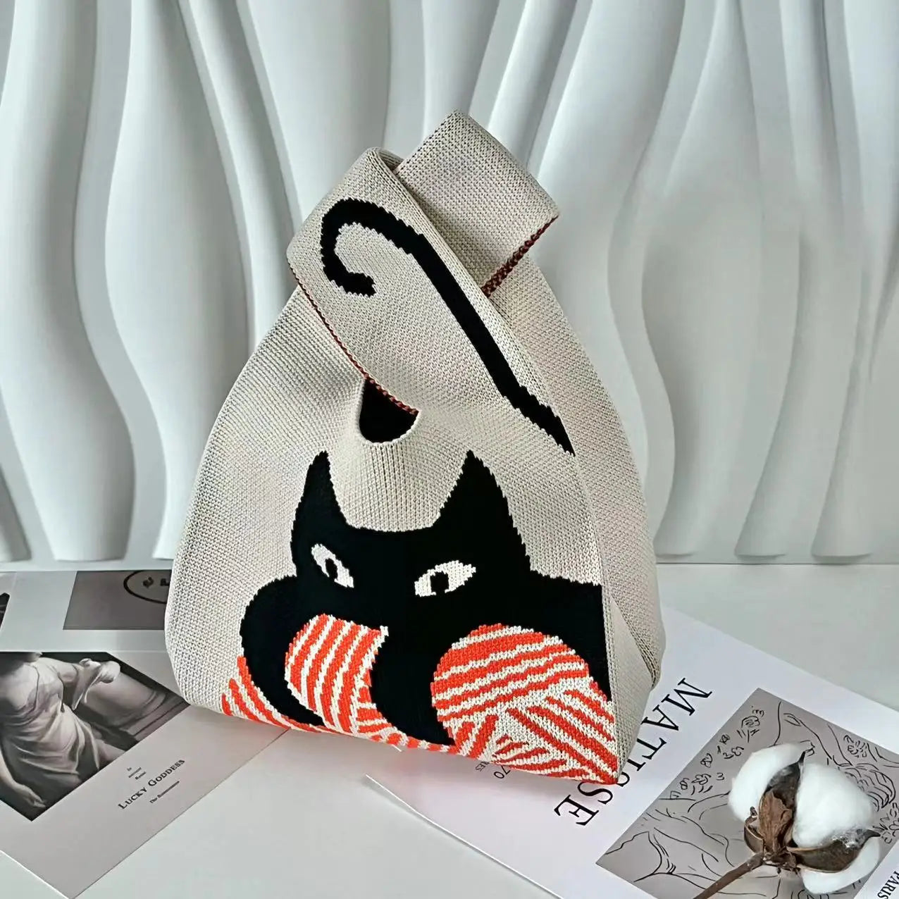 Handmade Knit Handbag Women Mini Knot Wrist-bag Female Casual Color Wide Stripe Plaid Tote Bag Student Reusable Shopping Bag