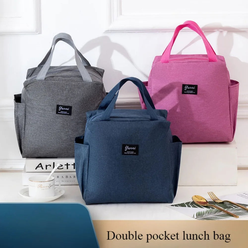 Double pockets Portable lunch bag lunch box insulated canvas tote bag school lunch portable dinner box picnic food storage