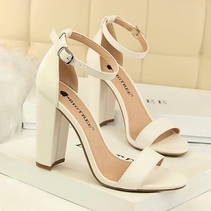 Summer Women 9.5cm High Heels Sandals Yellow Nude Purple Gladiator Square Block Heels Pumps Chunky Platform Bridal Grace 0509-1