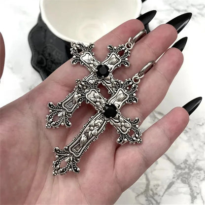 Gothic Large Silver Colour Tone Jewel Cross Earrings with Black Punk Hallowmas Jewellery Gorgeous Wedding Statement Women