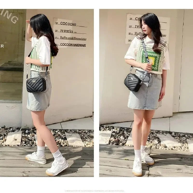 Womens New Fresh And Sweet Horizontal Square Rolling Camera Collar Grid Crossbody Storage One Shoulder Phone Bag