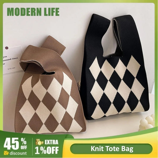 Knit Tote Bag Handmade Handbag Women Mini Knot Wrist Bag Casual Color Wide Stripe Plaid Tote Bag Student Reusable Shopping Bags