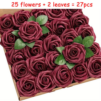 27pcs Artificial Flowers, Fake Flowers Roses W/stem For Party DIY Wedding Bouquets Centerpieces Arrangements, OPP bag packaging