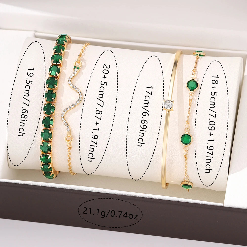 4 Piece Set Women Retro Green Diamond Square Bracelet Versatile Diamond Bracelet Fashionable Versatile Personalized Accessory