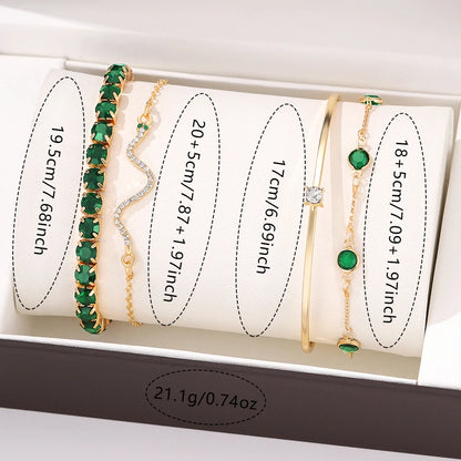 4 Piece Set Women Retro Green Diamond Square Bracelet Versatile Diamond Bracelet Fashionable Versatile Personalized Accessory