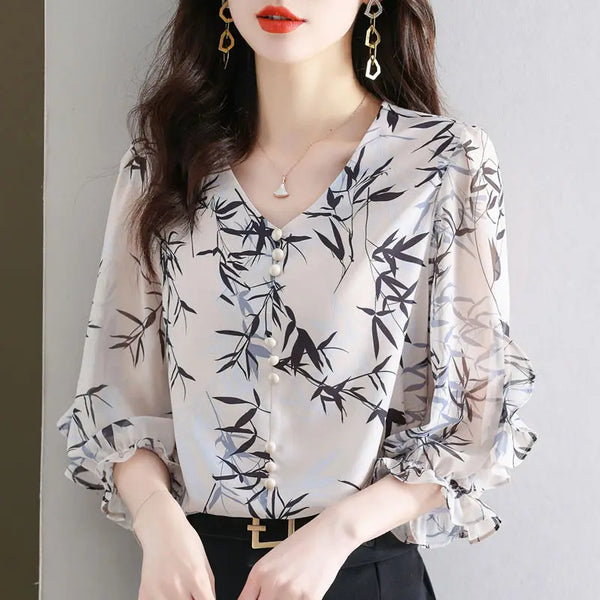 Summer Elegant Fashion Printed 3/4 Sleeve Shirt Women's Clothing Commute Loose Beading Spliced V-Neck Chiffon Blouse for Female