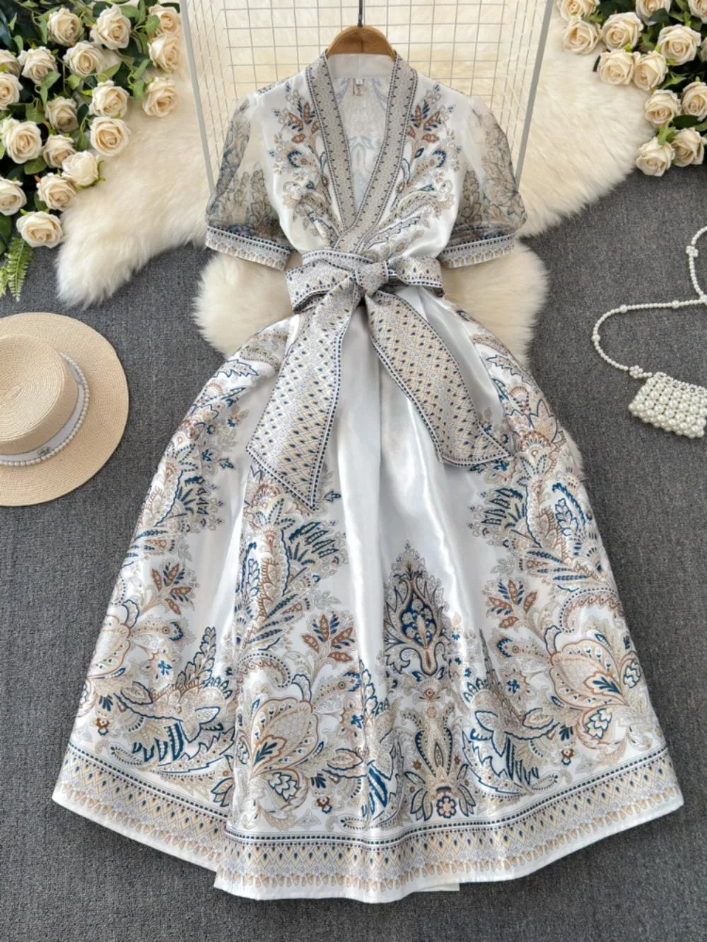 Neploe Sweet Women V Neck Puff Sleeve Femme Robe Vintage Slim Fit Lace Up Print Embroidery Dress New Panelled Big Swing Mujer