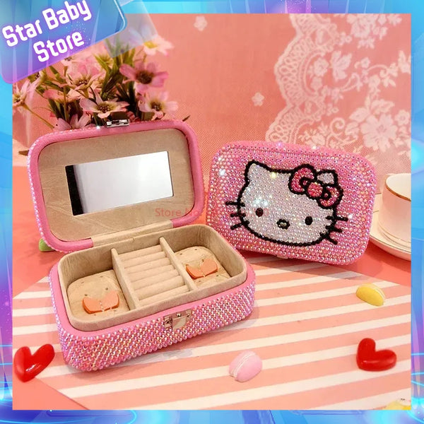 New Sanrio Creative Cartoon Hello Kitty Jewelry Box Bag Sticking Diamond Cute Earrings Necklace Storage Box With Lock Girl Gifts