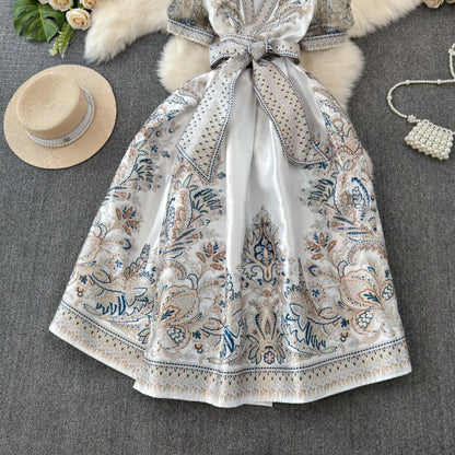 Neploe Sweet Women V Neck Puff Sleeve Femme Robe Vintage Slim Fit Lace Up Print Embroidery Dress New Panelled Big Swing Mujer