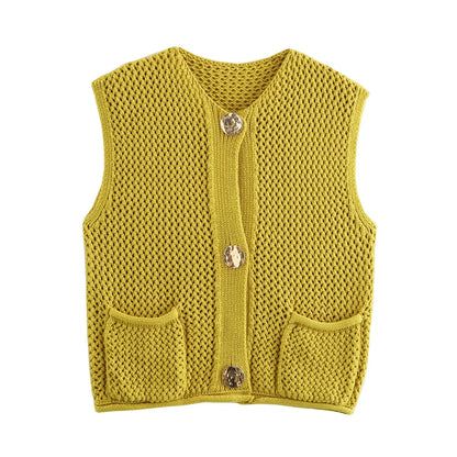 TRAFZA Knit Vests For Women Vintage Solid Metal Buttons Sweater With Pockets O Neck Sleeveless Waistcoat Y2k Crop Top Vest