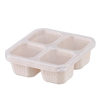 Square Divider Bento Box Reusable 4-compartment Food Container Snack Nuts With Lid Wheat Straw Lunch Box Kitchen Supplies