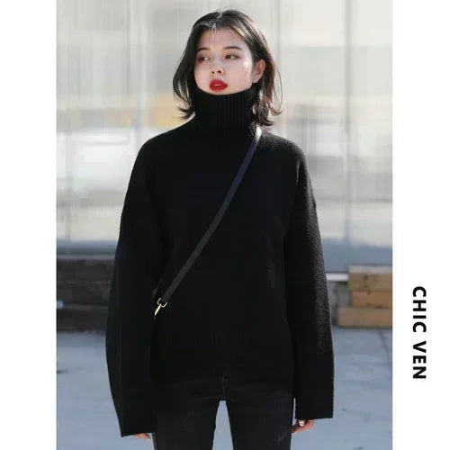 CHIC VEN Fashion Women's Loose Turtleneck Sweaters Warm Solid Pullover Knitwear Basic Female Jumpers Autumn Winter 2023