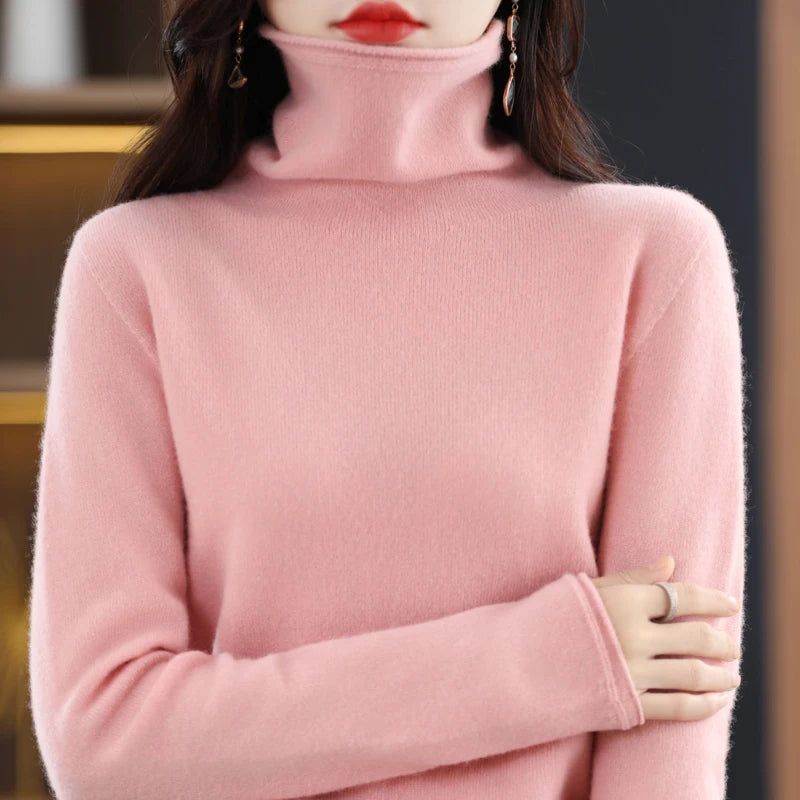 100% Merino Wool Turtleneck Pullover Knitwear Women's New Autumn And Winter Warm Sweater Women's Solid Color Pile Neck Sweater