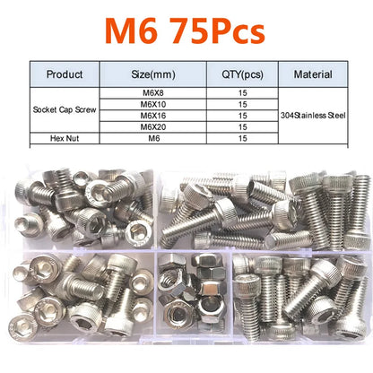 420/210/180/110/75PCS 304 Stainless Steel Allen Hexagon Hex Socket Cap Head Screw Bolt and Nut Set M2 M2.5 M3 M4 M5 M6 M8 Kit