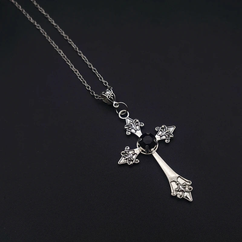 Large Detailed Cross Drill Pendant Jewel Necklace Silver Color Tone Gothic Punk Jewellery Fashion Charm Statement Women Gift(Red