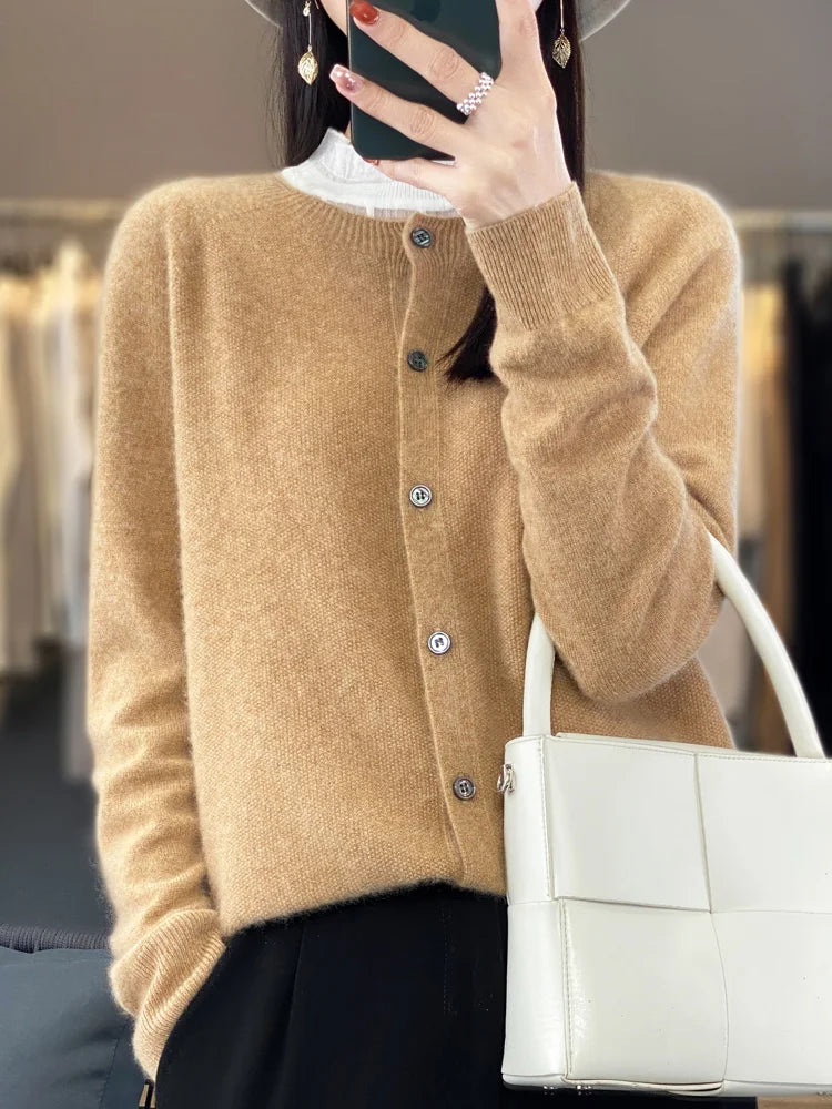 Long Sleeve 100% Merino Wool Sweaters Cashmere Cardigan Spring Autumn Women O-Neck Knitwear Tops Clothing Fashion Basic Tops