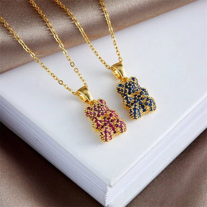 Stainless Steel Chain Classic Shiny Zircon Cute Bear Pendant Necklace for Women Lady Vintage Jewelry Accessories Gifts