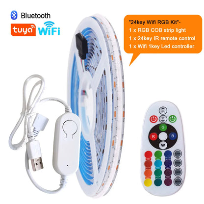 5V USB RGB COB LED Strip Light Wifi Bluetooth-compatible Remote Control 24key 44key Kit 576 LEDs Flexible Tape Linear Lighting