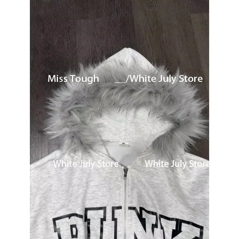 Vintage Y2k Aesthetic Grunge Letter Print Zippers Hoodies Women Coat Casual Gray Femme Korean Fur Patchwork Hooded Sweatshirts