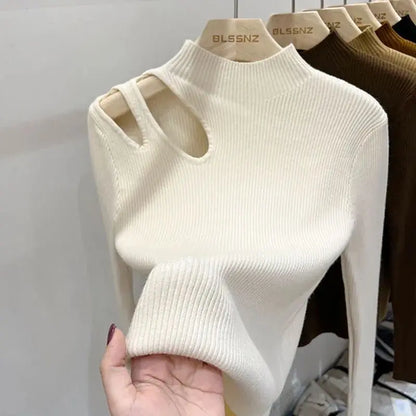 Hollow-out Turtleneck Knitted Women Sweater Ribbed Pullovers Autumn Winter Basic Women Sweaters Fit Soft Warm Tops