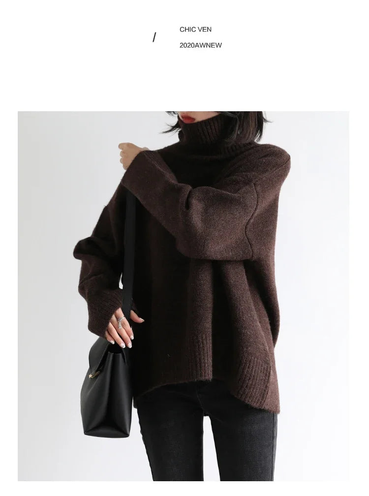 CHIC VEN Women's Sweater Autumn Winter New Turtleneck Knit Pullover Loose Clothes for Women Warm Solid Basic Female Tops 2023